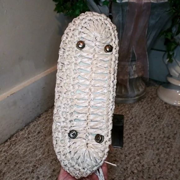 Vintage 70's Boho Crocheted Straw Small Tote Style Purse With Wood Bead & Tassel - Picture 9 of 16